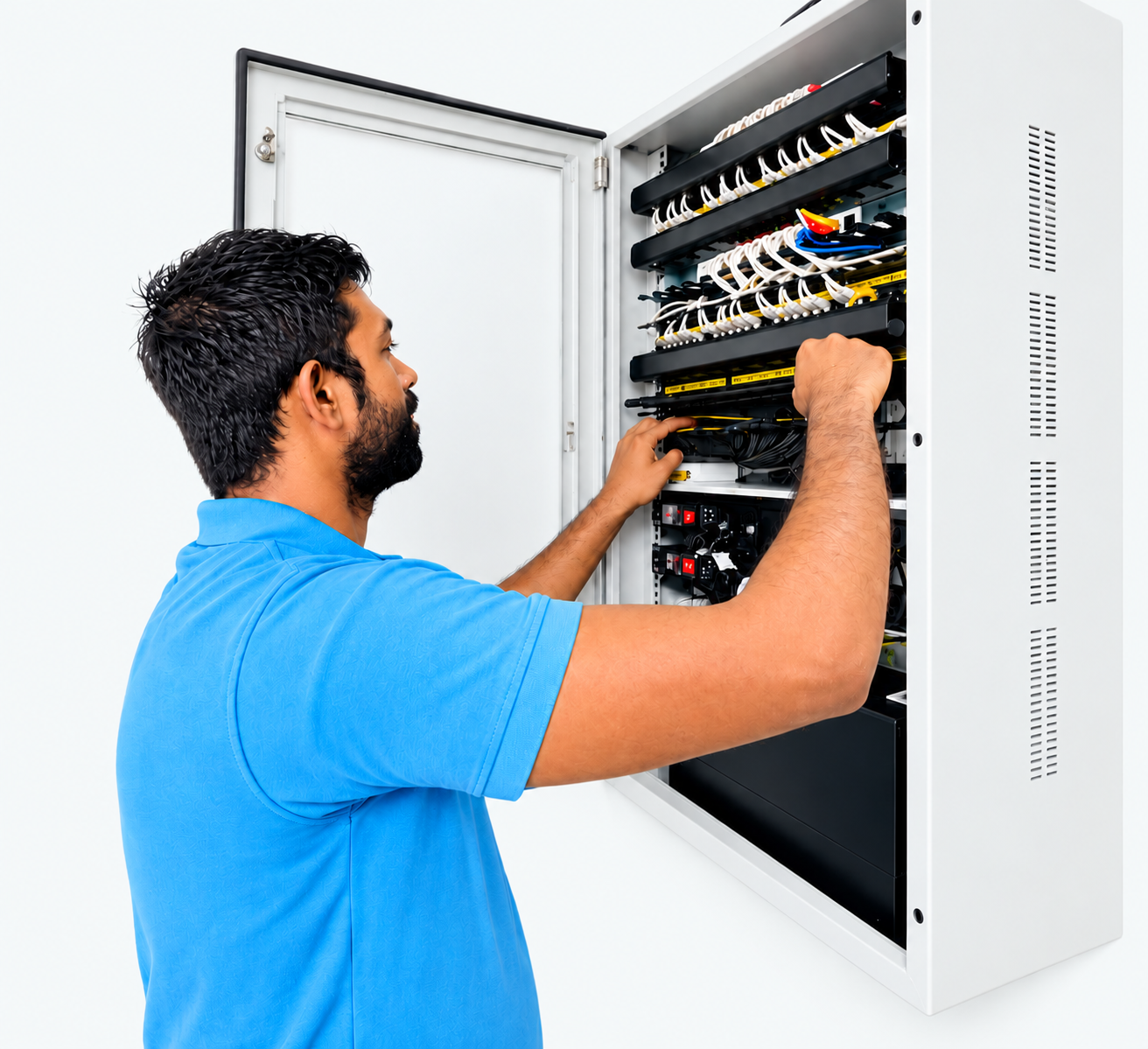 Technician managing network rack cables