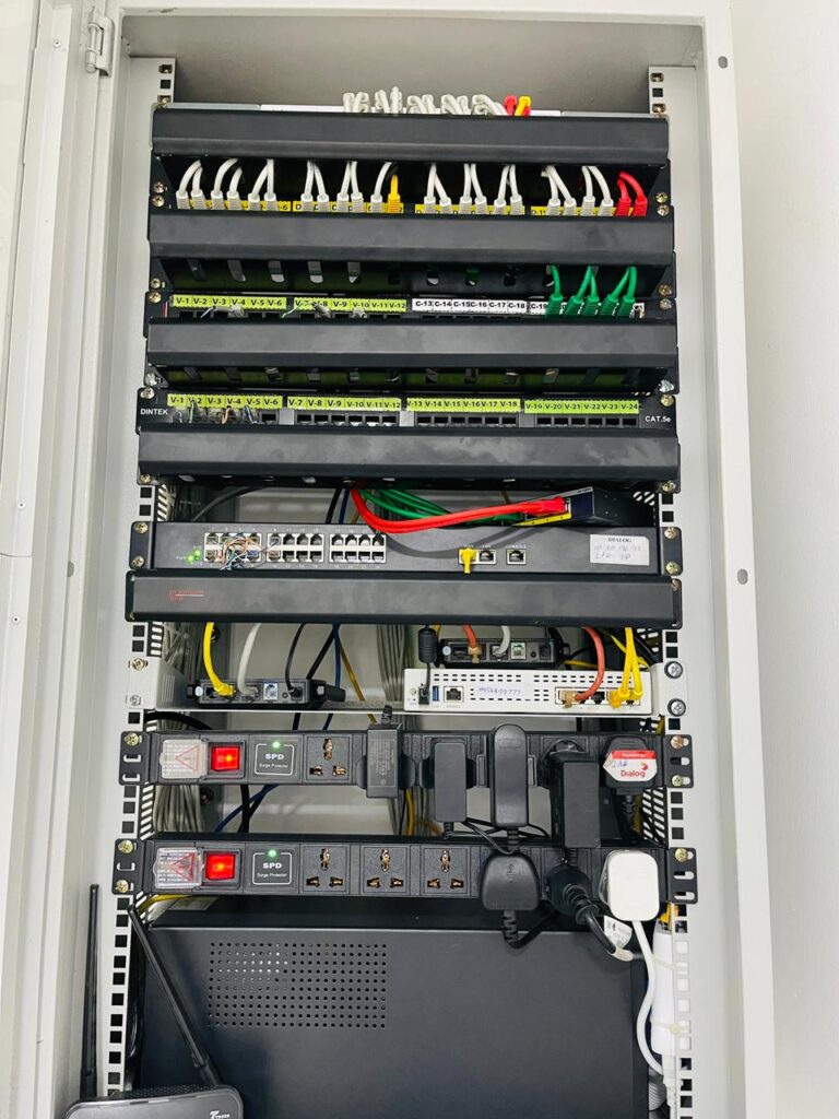 Network rack with patch panels and organised cabling