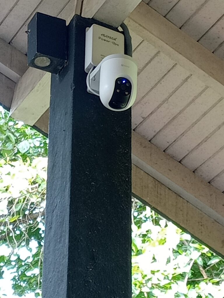 Dome camera mounted on a timber column